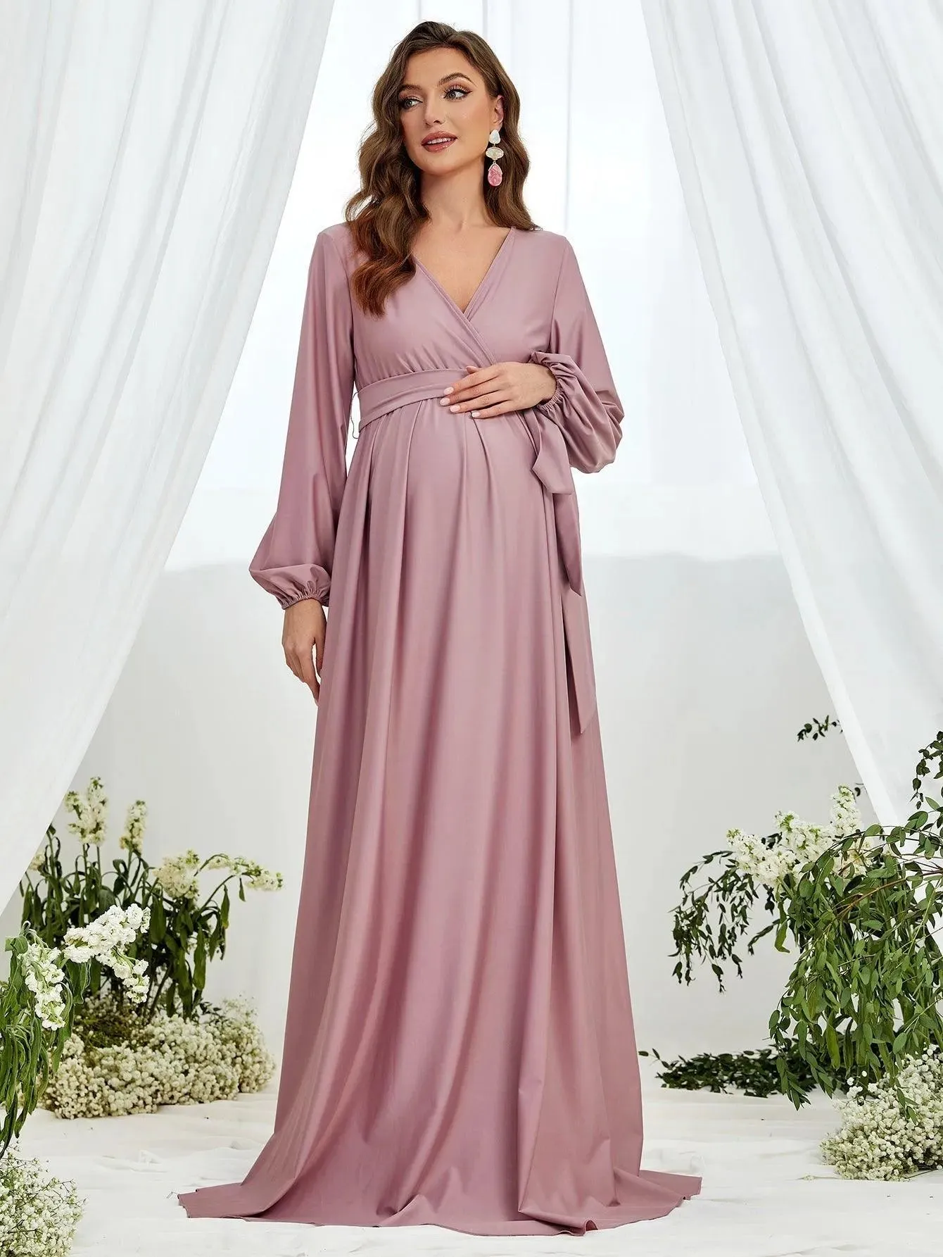 Maternity Surplice Neck A  Line Belted Dress