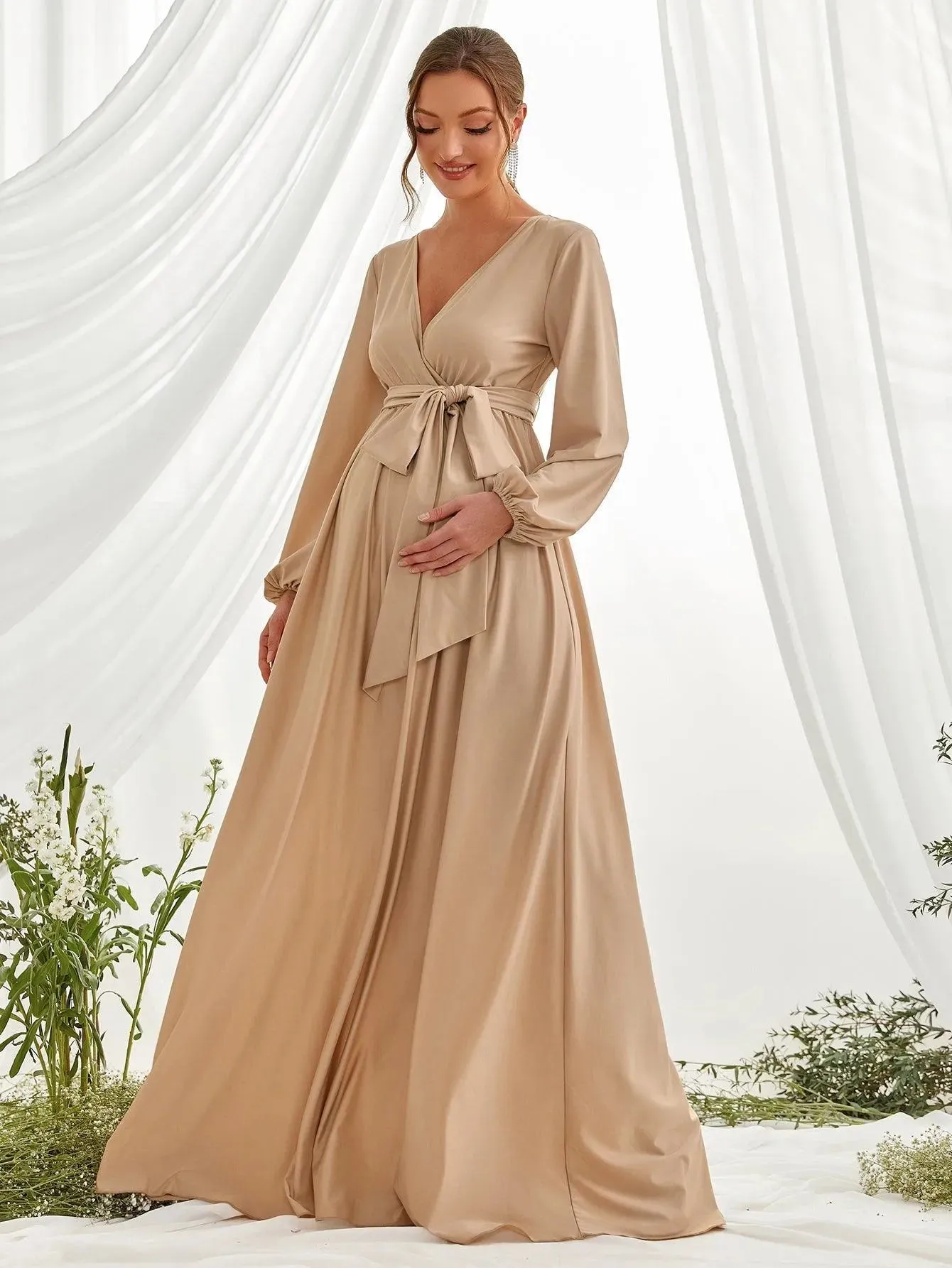 Maternity Surplice Neck A  Line Belted Dress