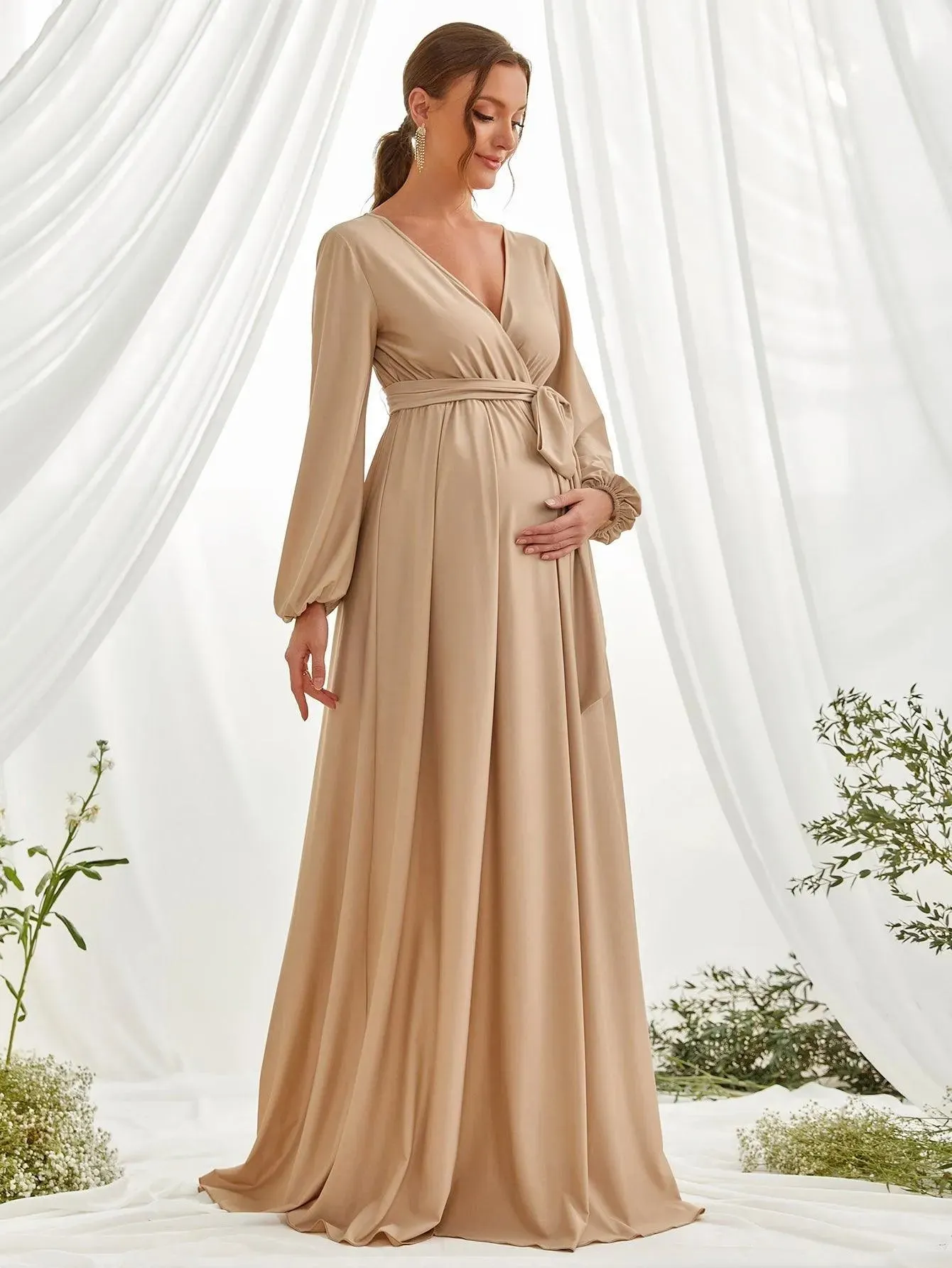 Maternity Surplice Neck A  Line Belted Dress