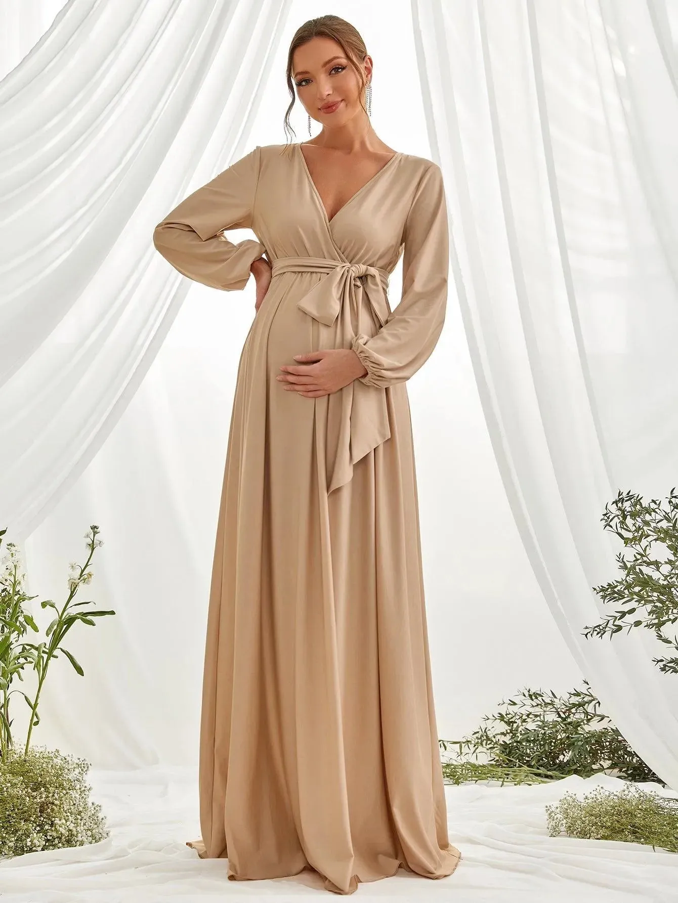 Maternity Surplice Neck A  Line Belted Dress