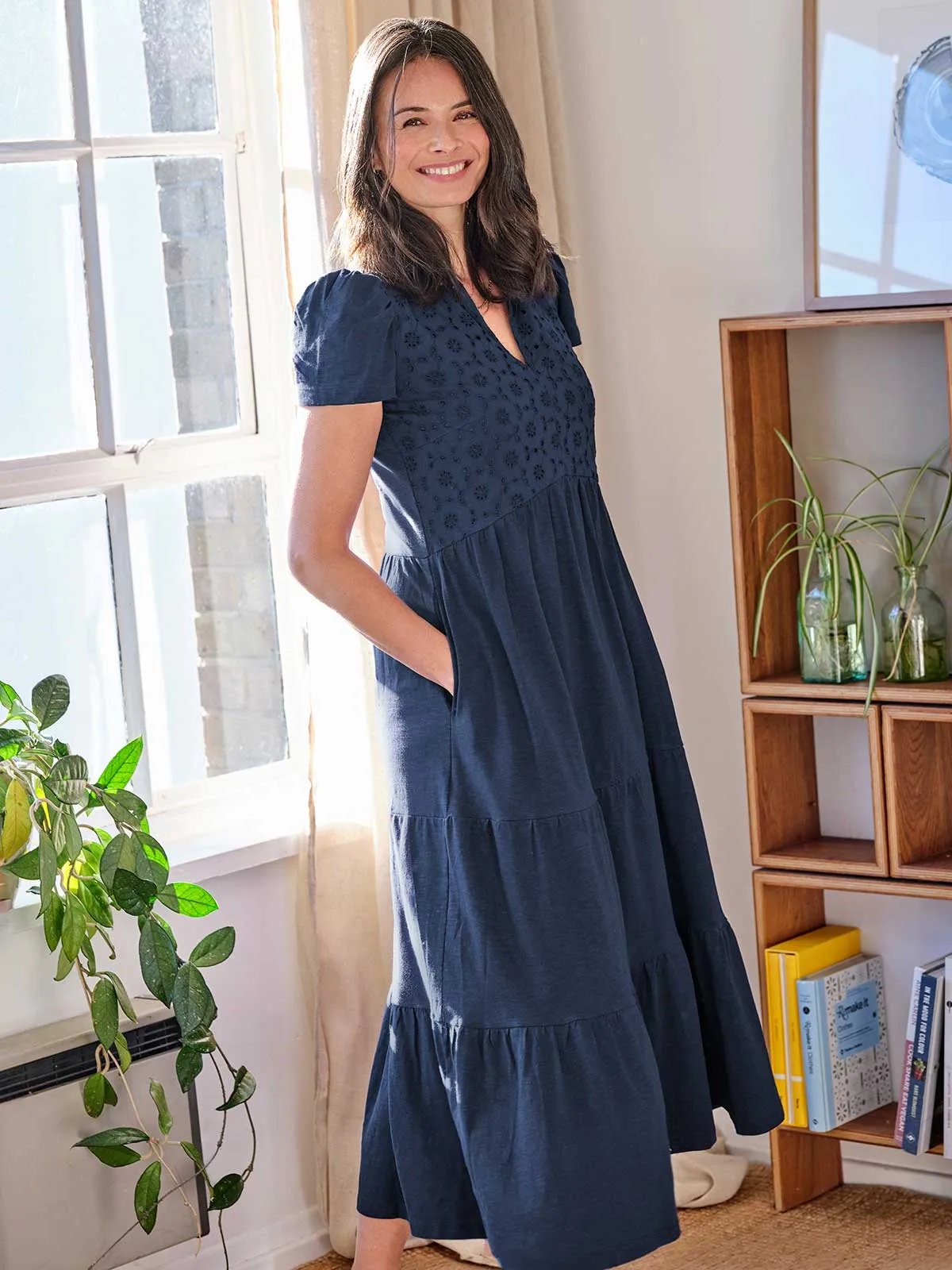 Merope Organic Cotton Broderie Dress - Navy