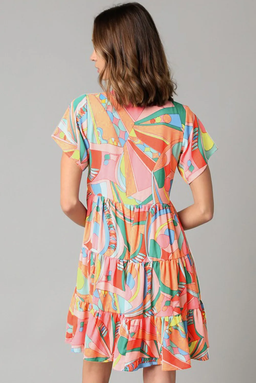 Multicolor Abstract Geometric Print Tassel Tie Flared Dress