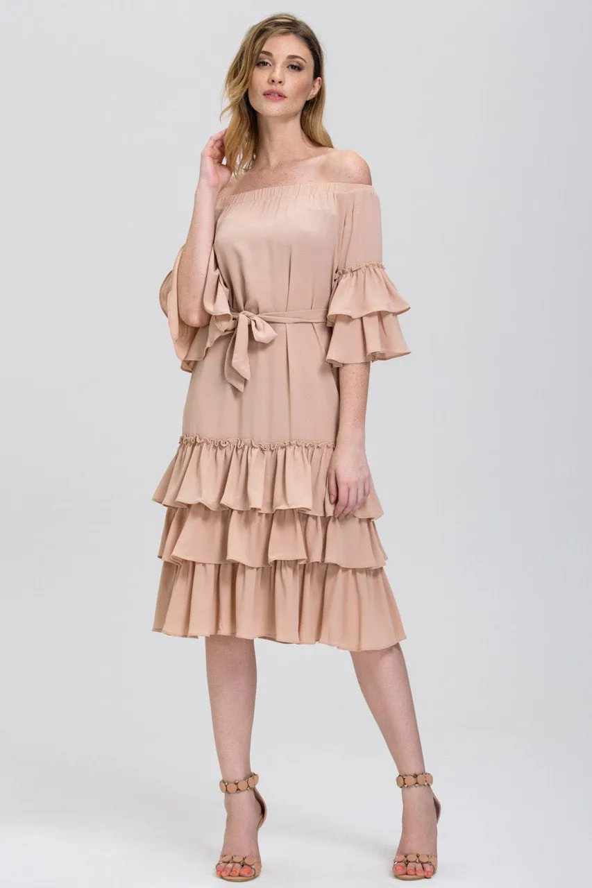 Nude Chiffon Tiered Ruffle Hem off the Shoulder Midi Dress