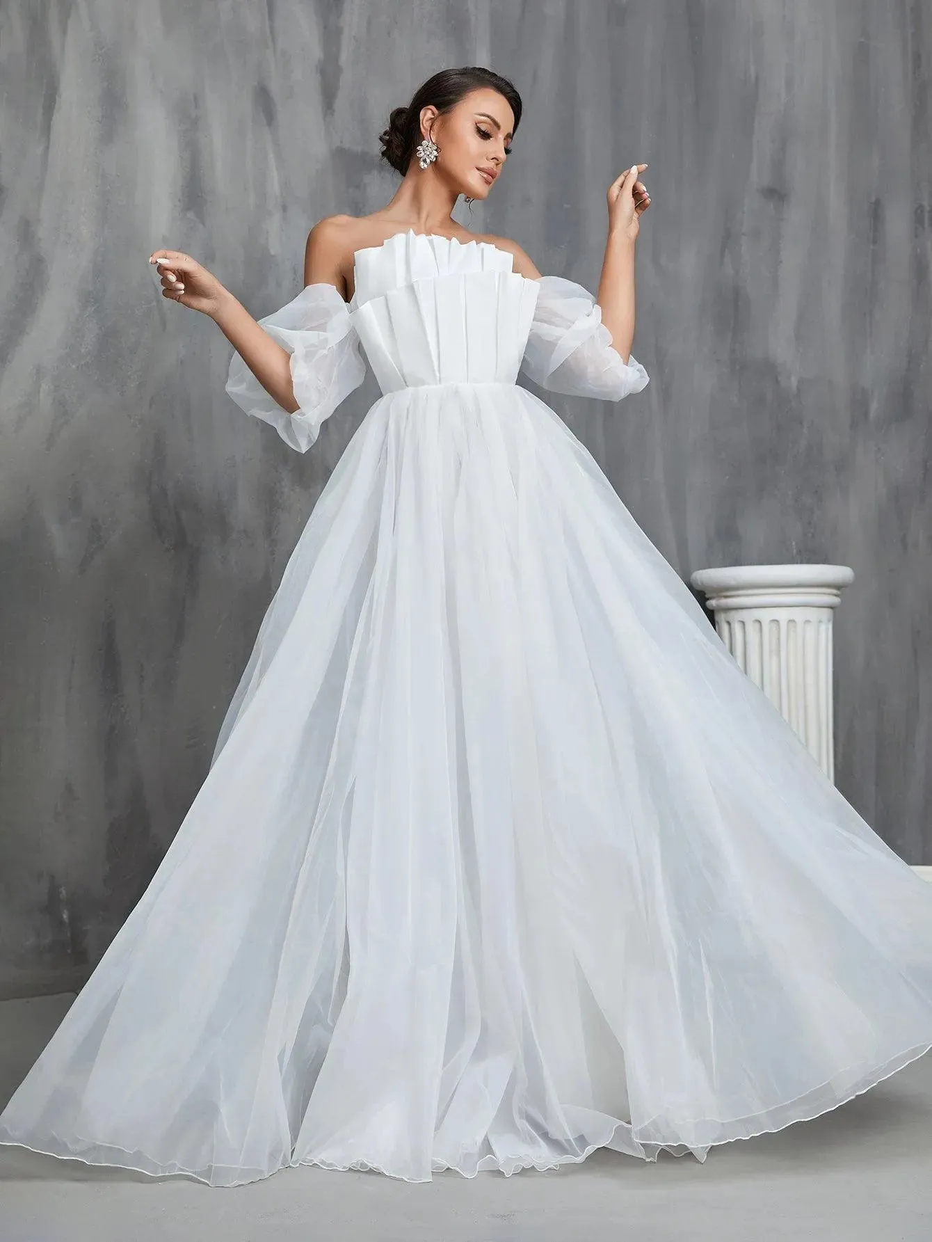 Off Shoulder Pleated Front Puff Sleeve Wedding Dresses