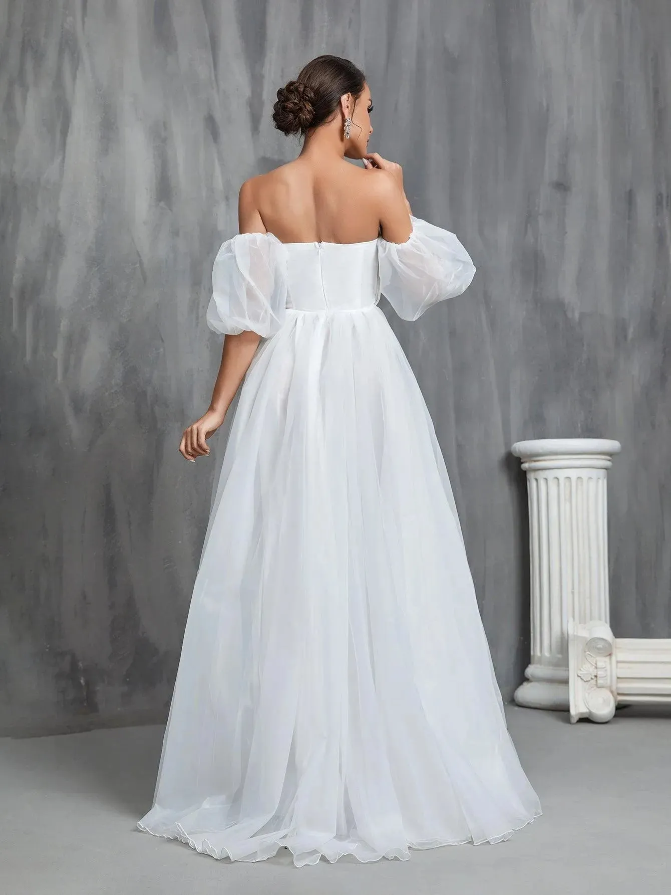 Off Shoulder Pleated Front Puff Sleeve Wedding Dresses