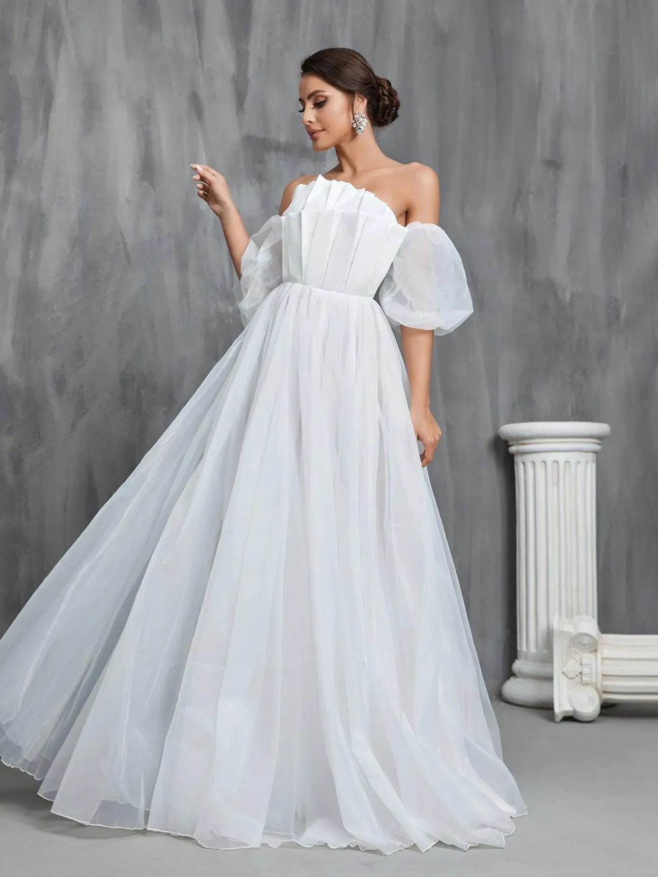 Off Shoulder Pleated Front Puff Sleeve Wedding Dresses