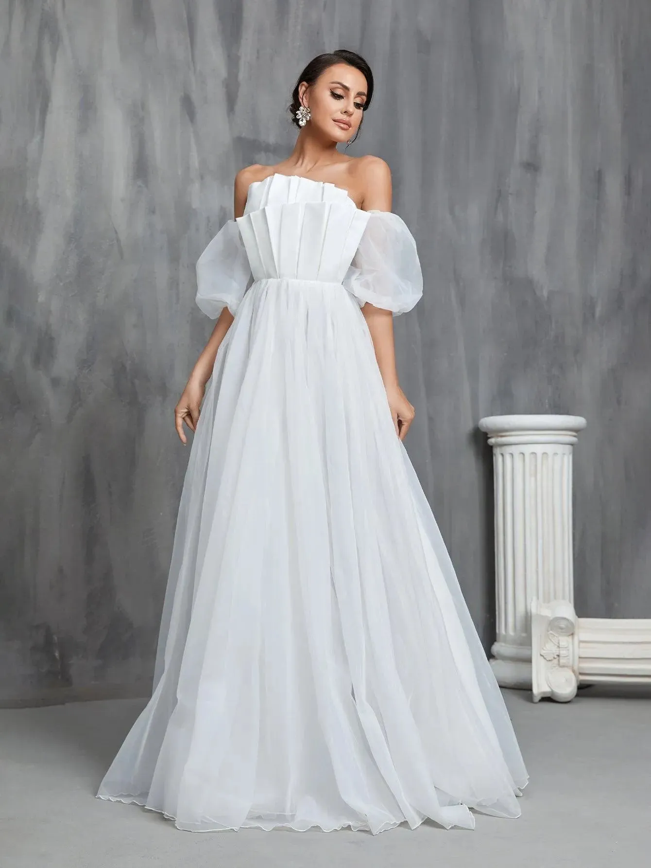 Off Shoulder Pleated Front Puff Sleeve Wedding Dresses