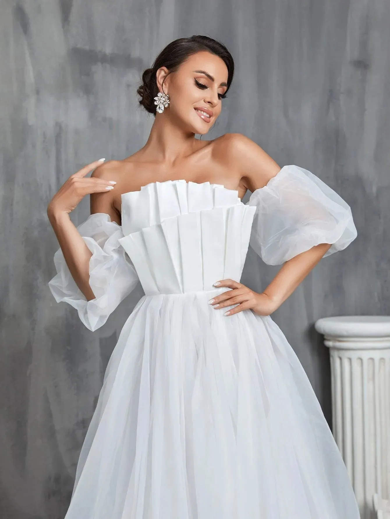 Off Shoulder Pleated Front Puff Sleeve Wedding Dresses