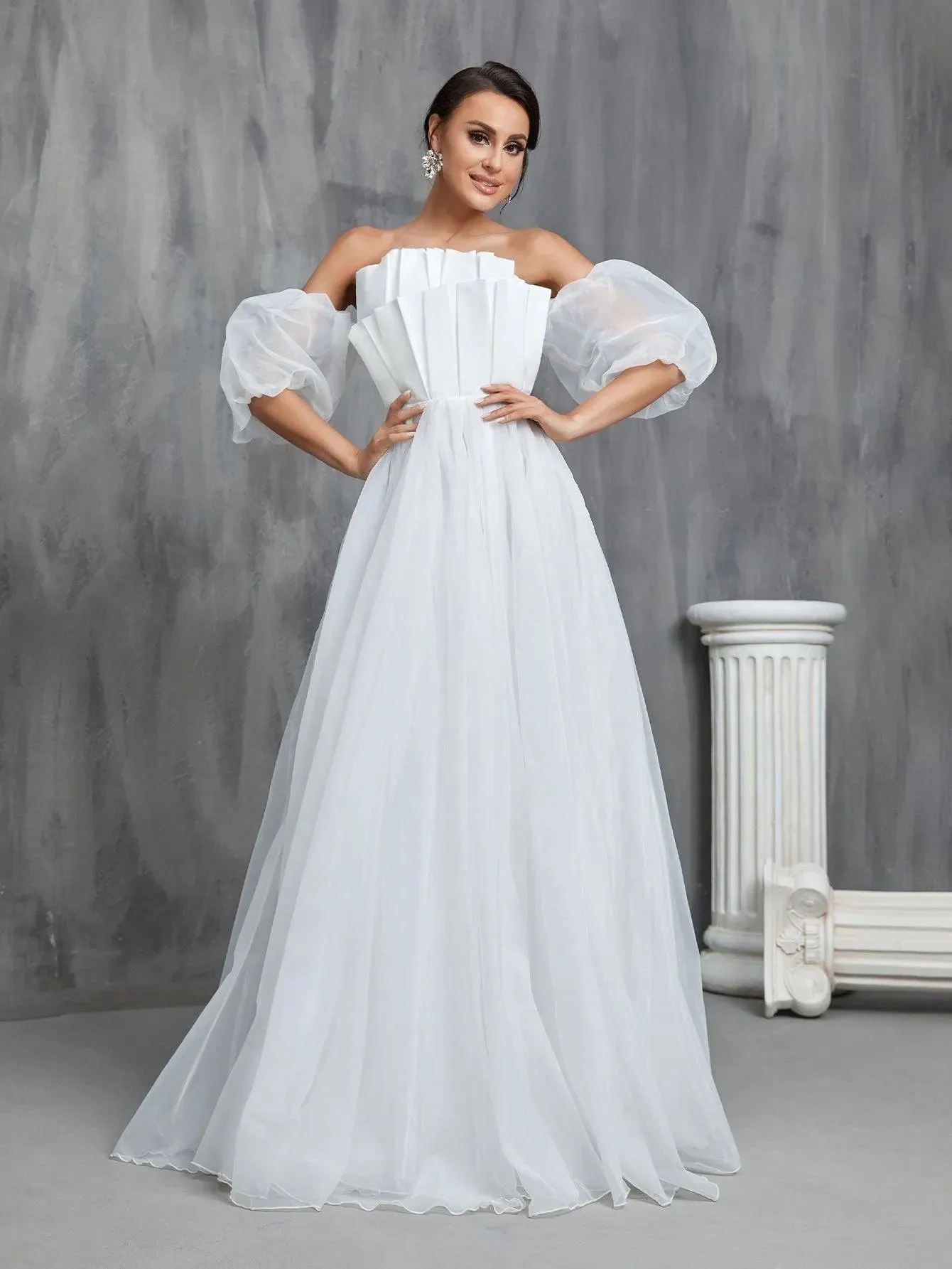 Off Shoulder Pleated Front Puff Sleeve Wedding Dresses