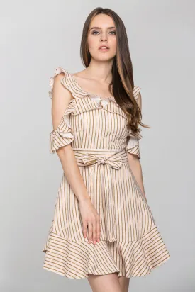 Peach and Brown Stripe Halter Ruffle Midi Dress