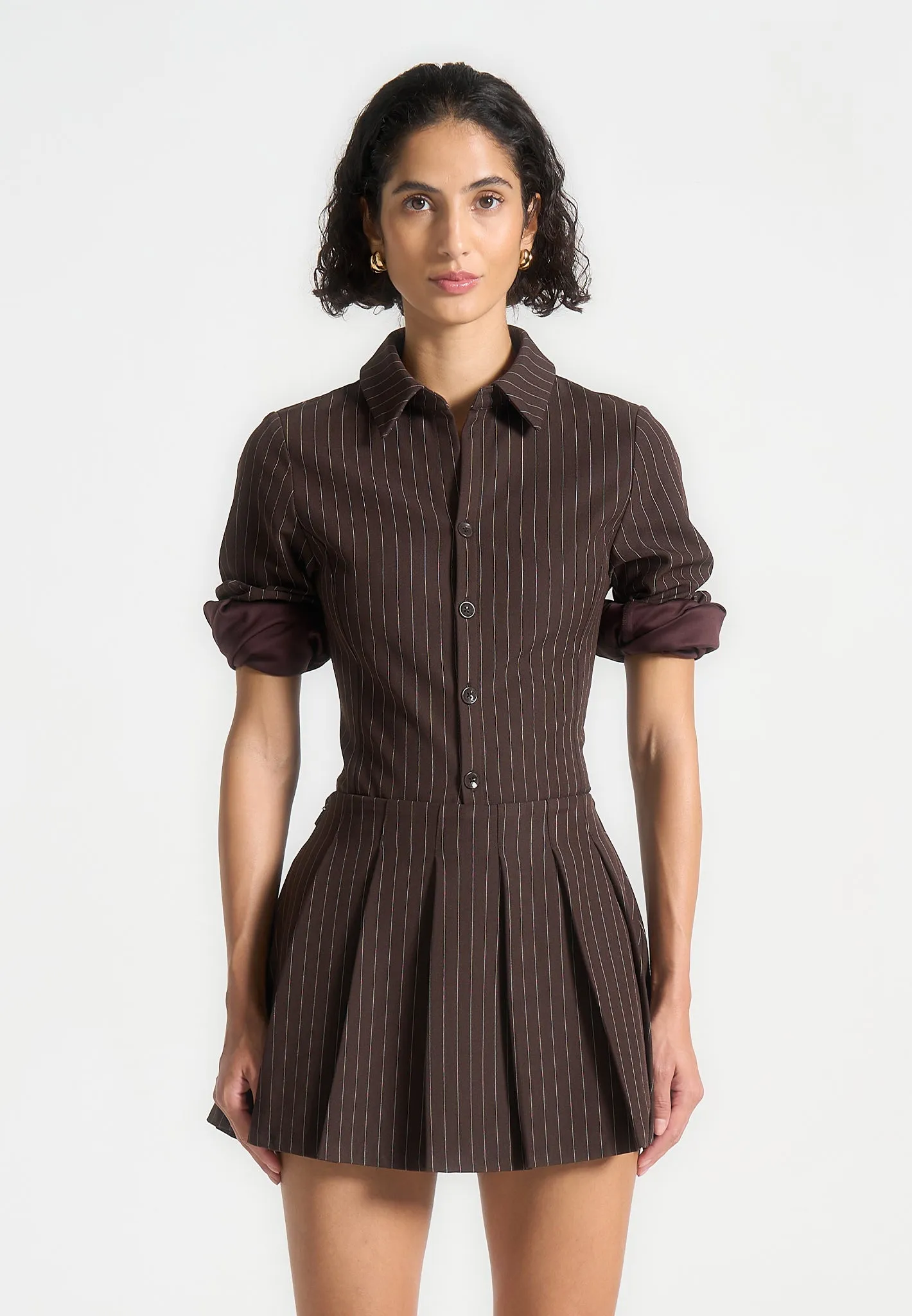 Pinstripe Pleated Skort - Brown