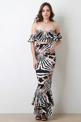 Printed Flutter Bardot Top with Mermaid Maxi Skirt Set