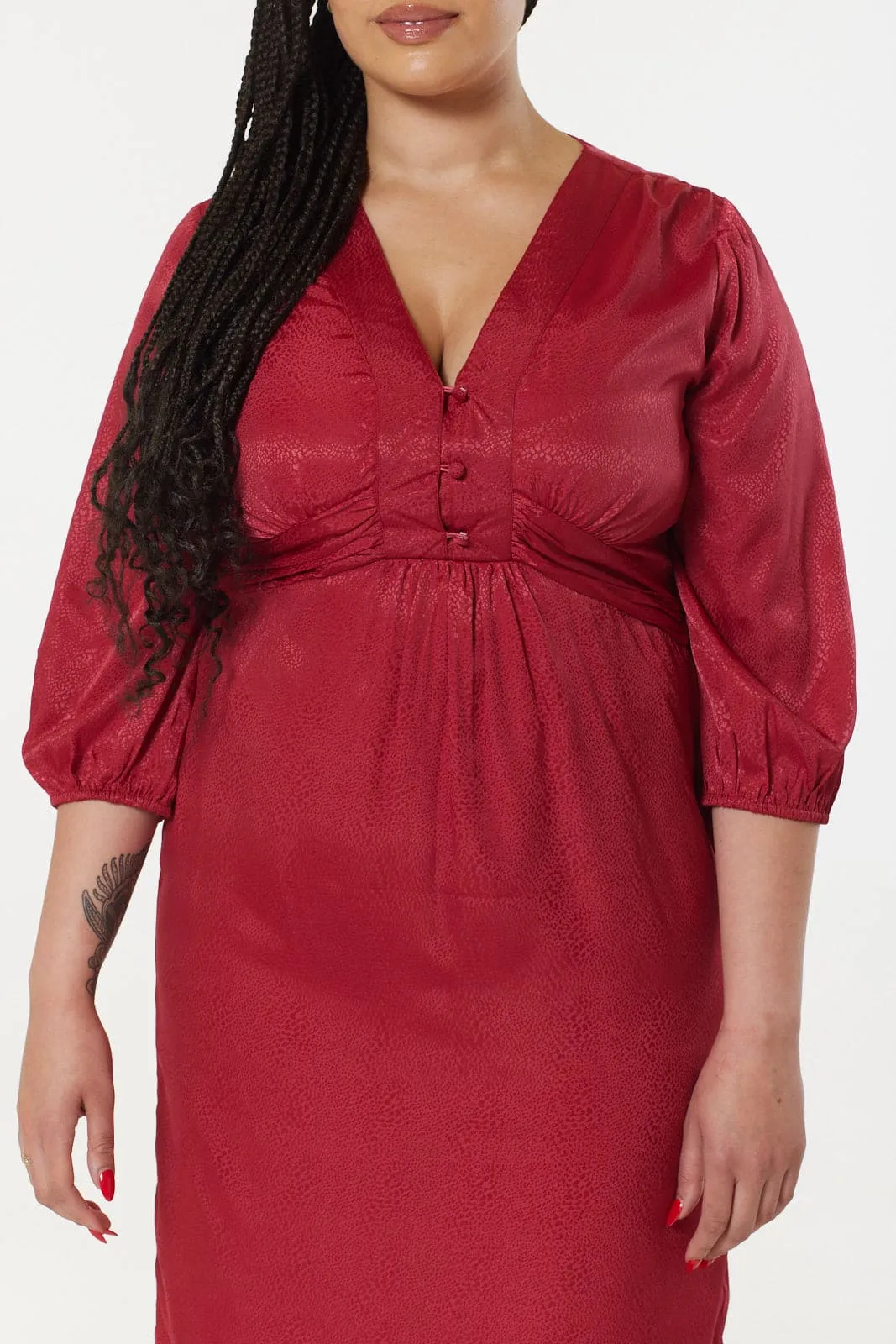 Sienna, V Neck A line Dress in Red Jacquard