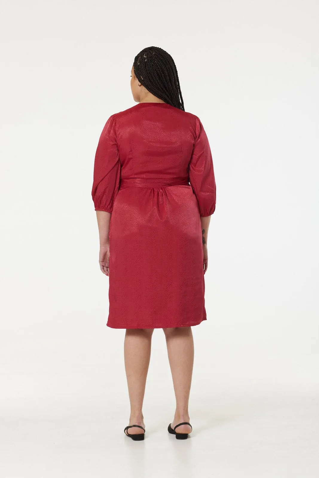 Sienna, V Neck A line Dress in Red Jacquard