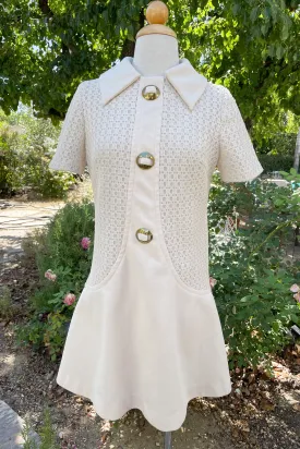 SOLD Angelique 60s Mod Mini Dress, 70s Off-White Flare Skirt Dress S