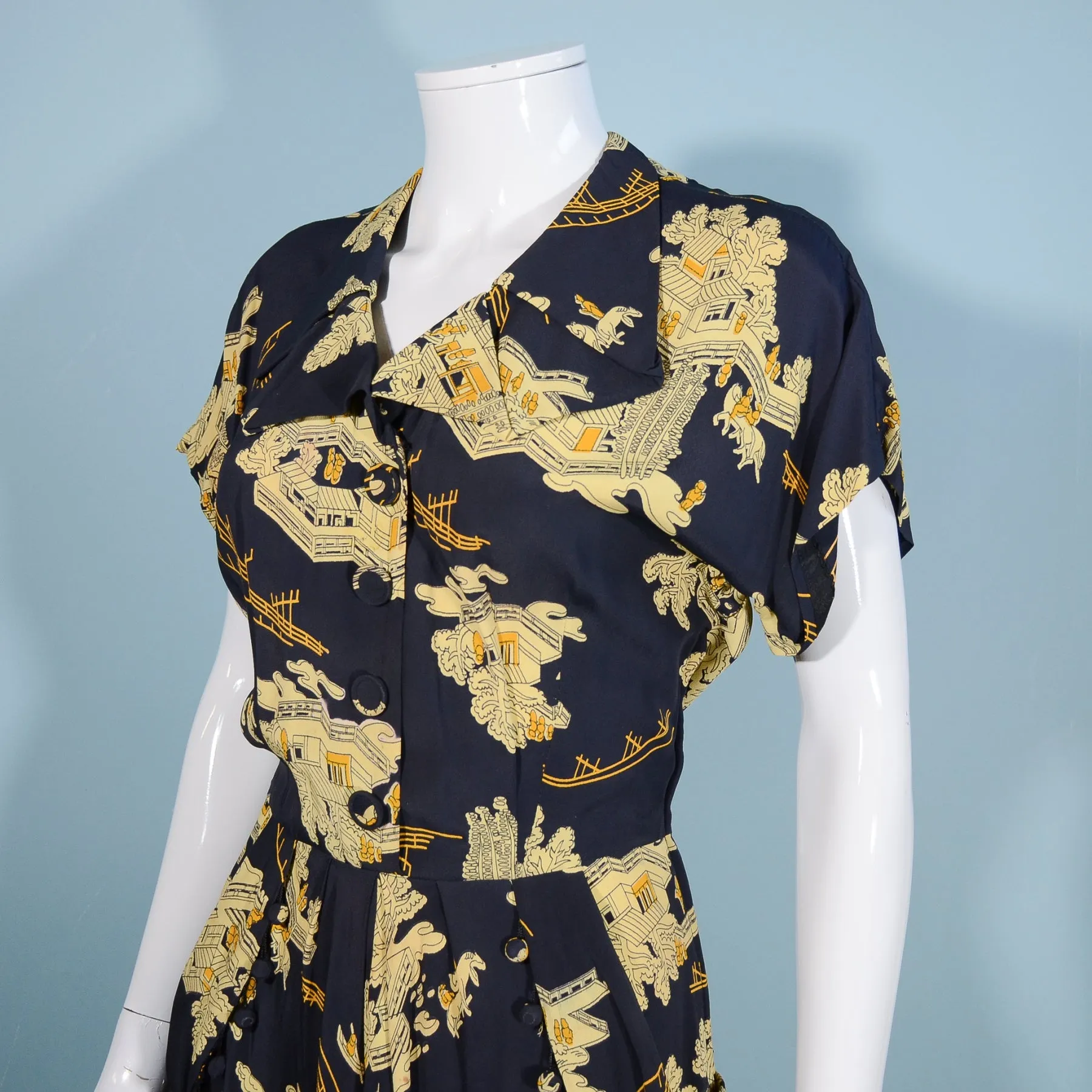 Vintage 40s Navy Asian Novelty Print Dress, Tassel Detail Draped Skirt 28" Waist