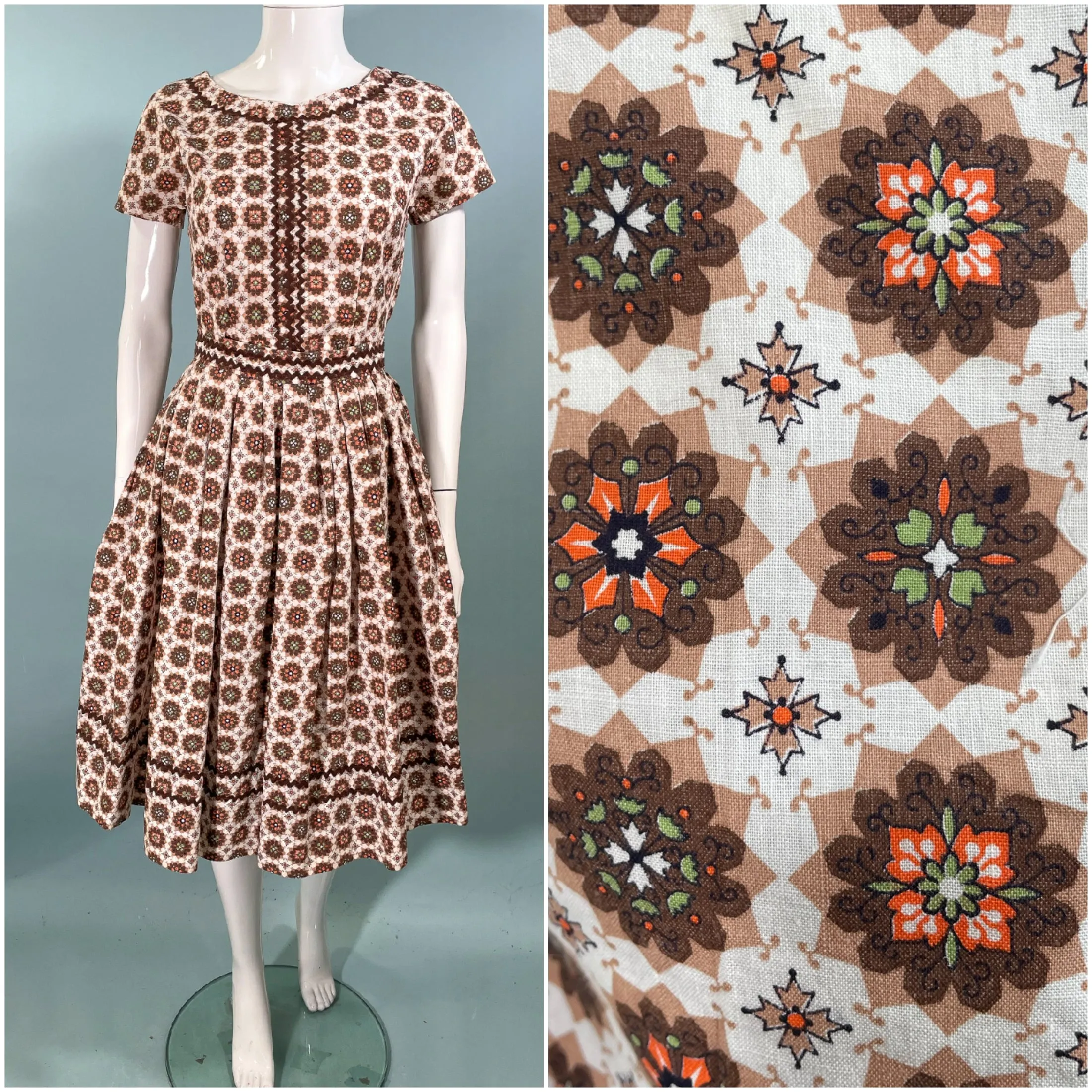 Vintage 50s 2 Piece Skirt/Top Dress, Novelty Print Rick Rack Trim 21" Waist