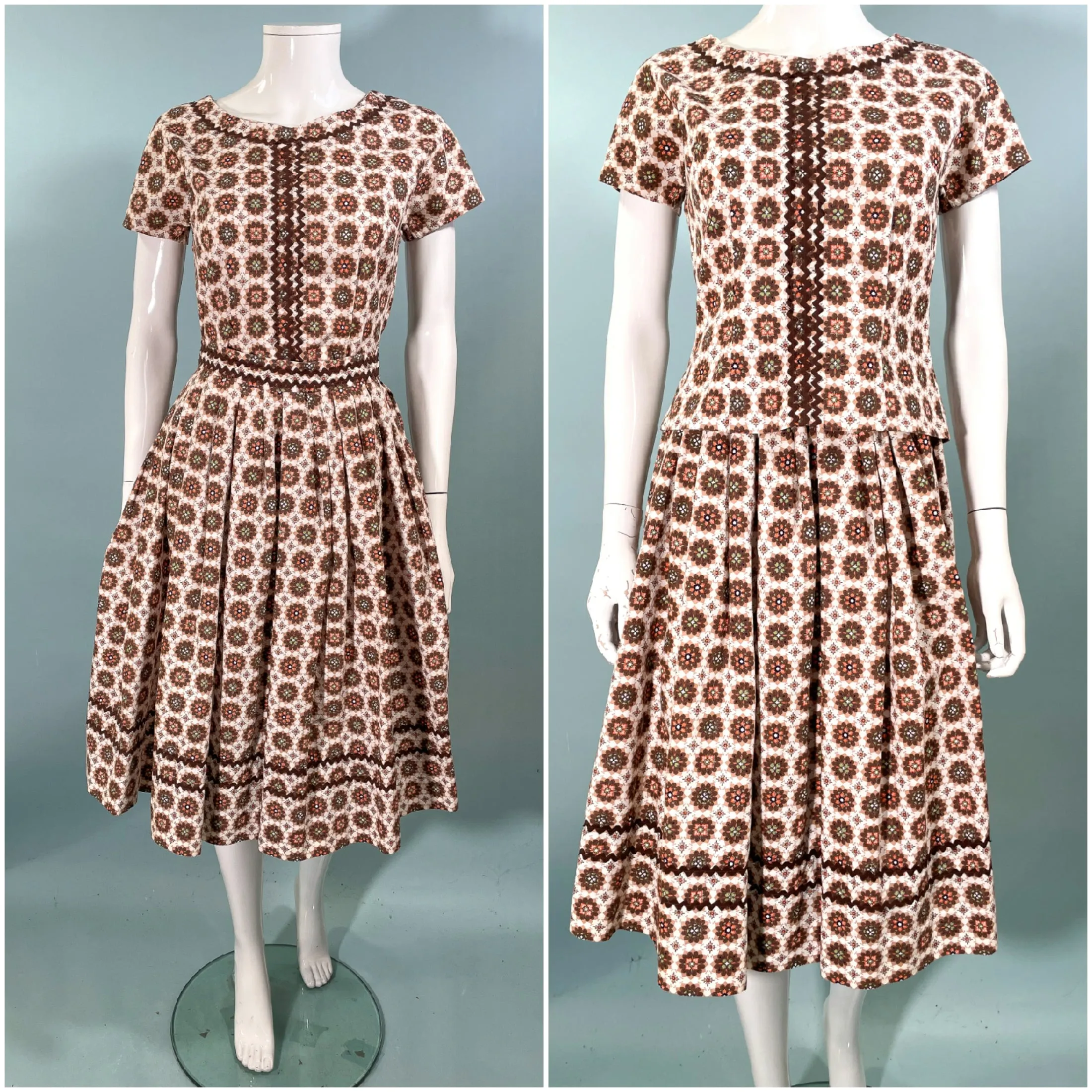 Vintage 50s 2 Piece Skirt/Top Dress, Novelty Print Rick Rack Trim 21" Waist