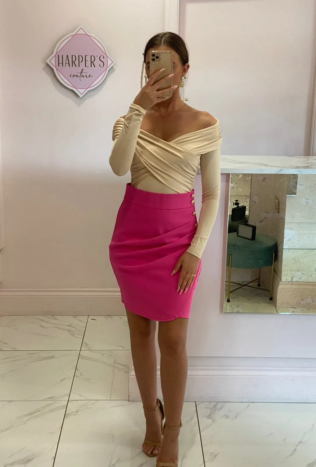 Violet Hot Pink Gold Button Skirt